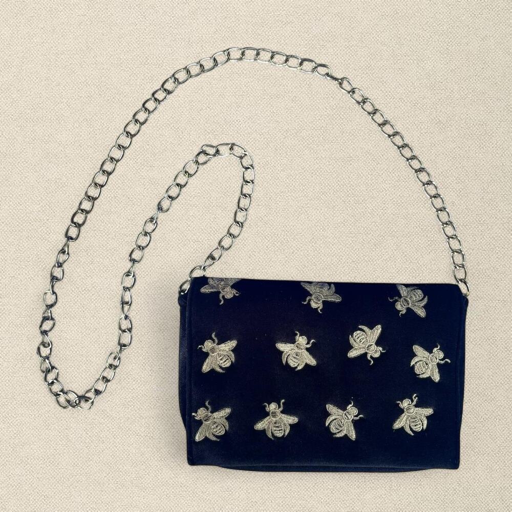 Velvet Black Gold Bee Embroidered Bag with Gold Chain Boohoo